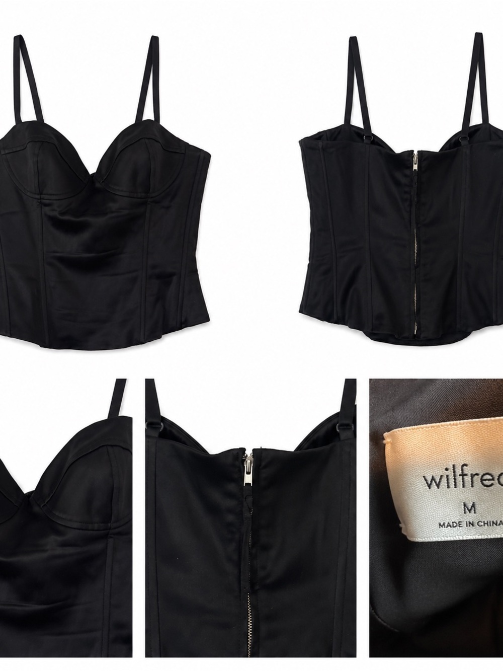 💿 Wilfred Black Satin Corset Bustier Top | Size Medium